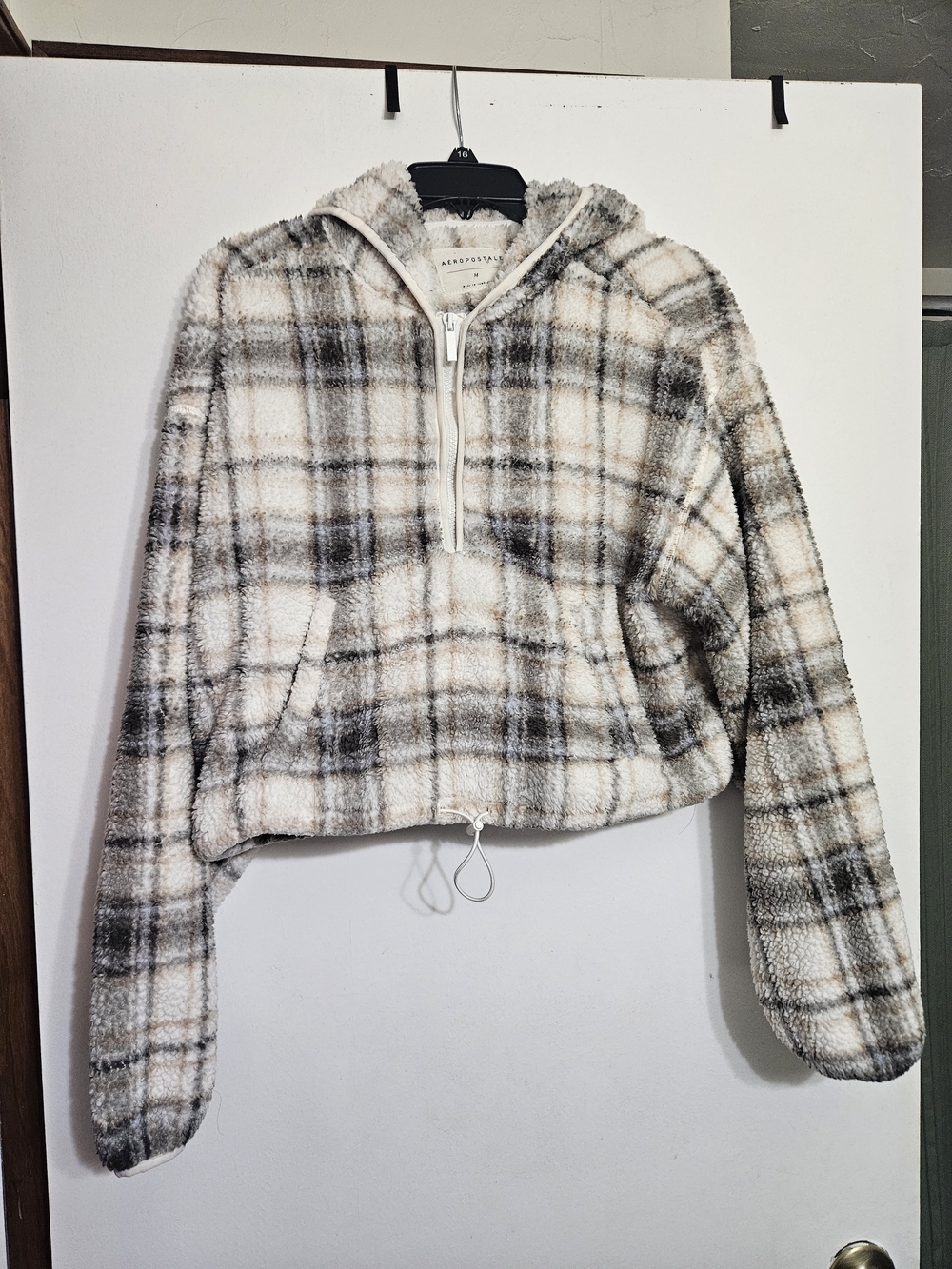 Aeropostale Cream & Gray Plaid Sherpa Half-Zip Hoodie